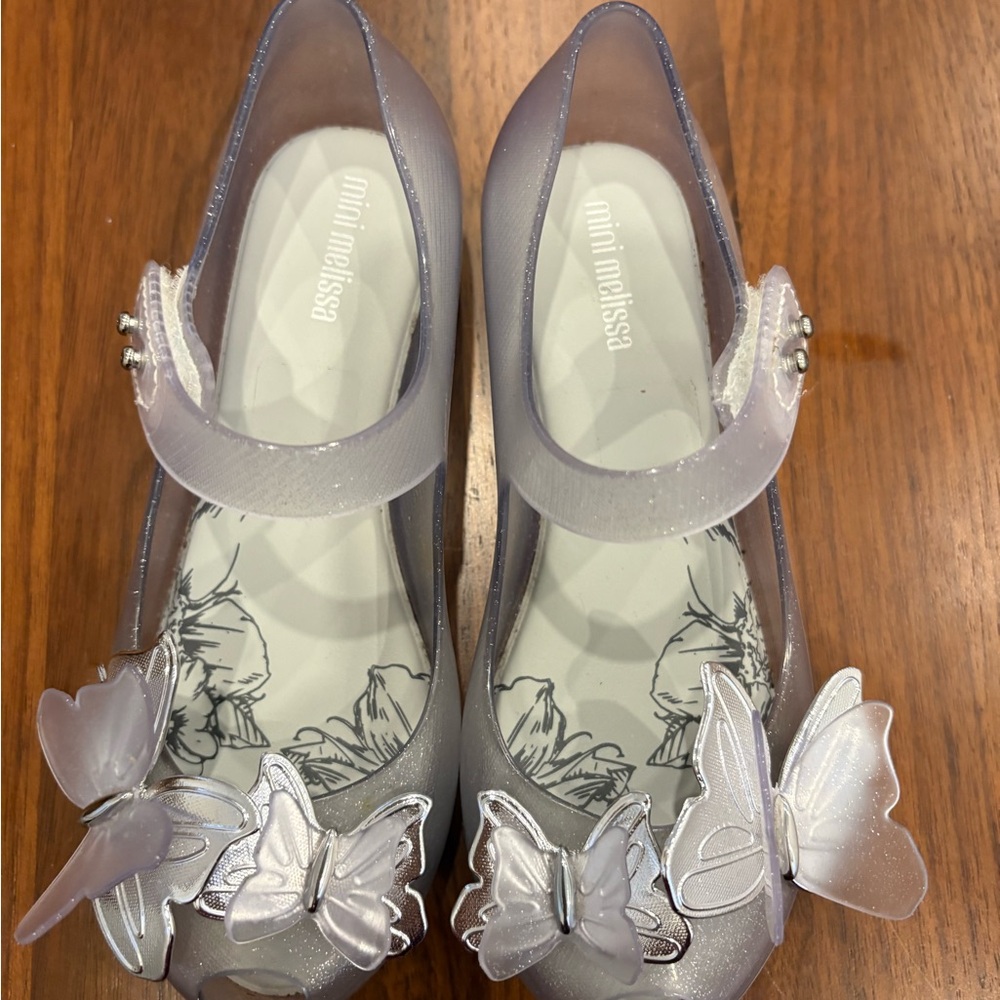 Mini Melissa Shimmery Silver Jelly Mary Janes with Butterfly Accents